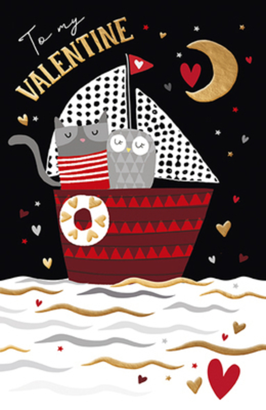 This Valentines Day greetings card from Paper Rose has the Owl and Pussycat sailing in a boat under the moon and stars and To My Valentine written on the front. The card is perfect to send to someone to celebrate Valentines Day.  It has With love and kisses on Valentines Day written on the inside and comes complete with a red envelope.